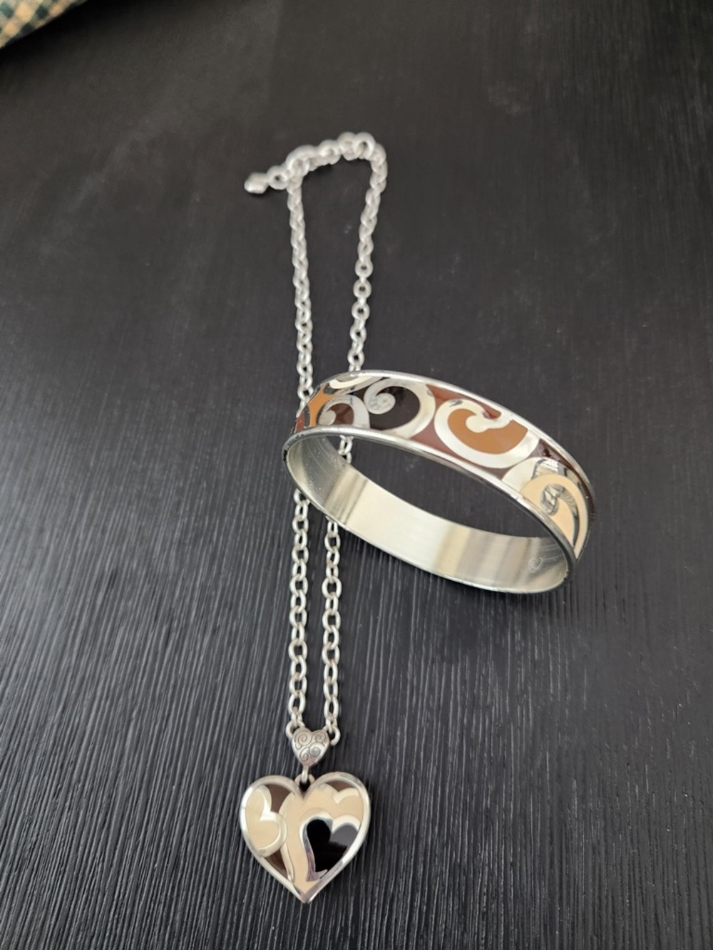 Silver Tone Heart Pendant Necklace and Swirl Bangle Bracelet Set - Silver/Beige